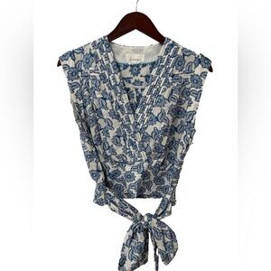 Anthropologie Blue Floral Tie Blouse Cottagecore Boho